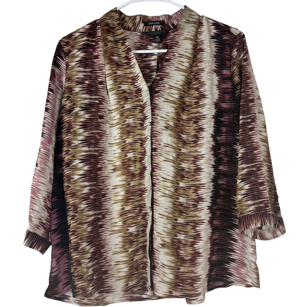 Caroline‎ Investments Women Petite Medium Abstract Print V Neck Blouse Work Chic